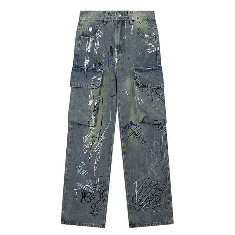 graffiti printed denim jeans unisex side pocket straight cargo jean trousers hip hop streetwear casual loose joggers jeans pants streetwear sweatpants
