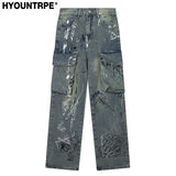 graffiti printed denim jeans unisex side pocket straight cargo jean trousers hip hop streetwear casual loose joggers jeans pants streetwear sweatpants