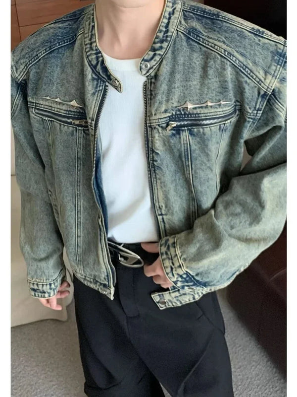 Mens Denim Jackets American Style High Street Zippers Coat Vintage Was