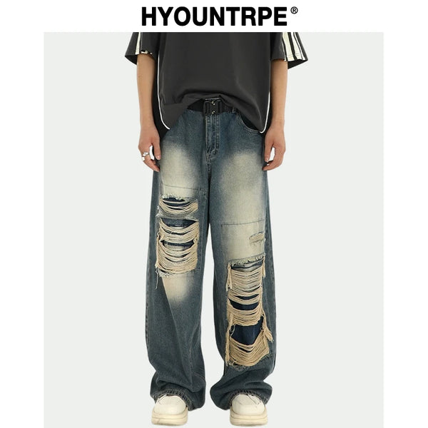 fashion ripped holes denim jeans harajuku patchwork straight jean trousers y2k trouser mens hip hop streetwear baggy jeans pants stacked flare jeans