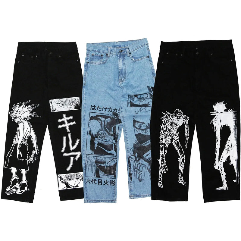 harajuku popular anime kokushibo print baggy jeans new style wide leg trouser y2k streetwear for men women high waist pants unique jeans style 4319