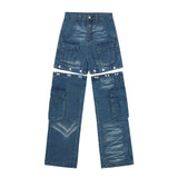 american retro buttons detachable design wide cargo jeans mens womens straight leg pants hip hop washed jeans overall 2023 combat utility trousers