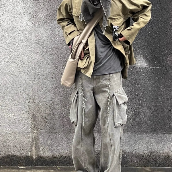 y2k streetwear tassel multi pocket jeans for men straight solid baggy cargo pants pantalones hombre casual denim trousers multi-pocket cargos