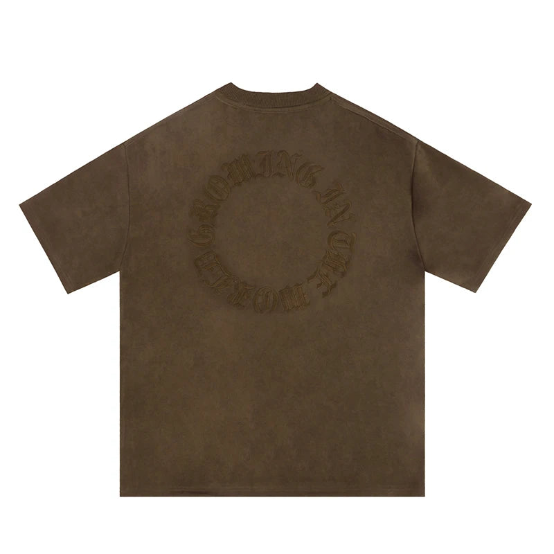 Original Letter Embroidery O Neck Suede Summer Short Sleeve Streetwear Casual Oversized Top