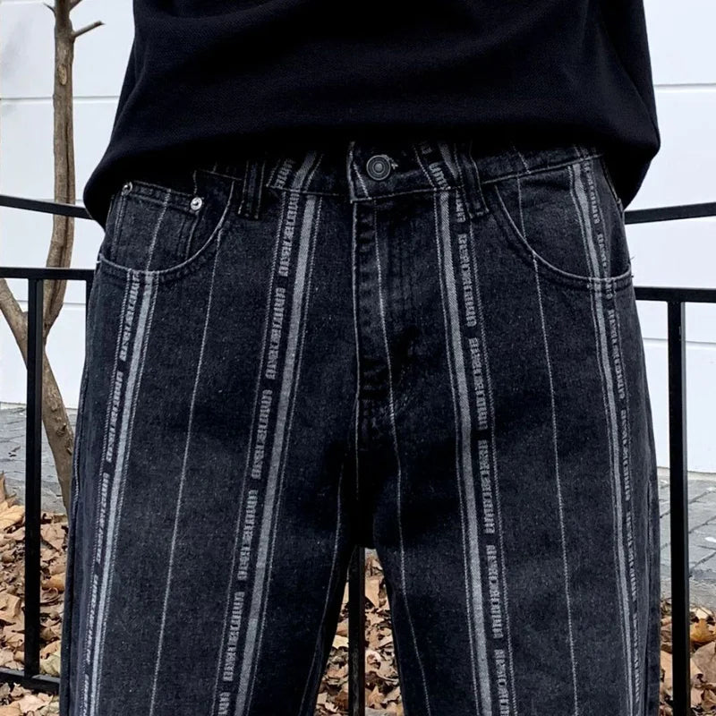 men streetwear brand fashion hip hop loose casual straight stripe motorcycle denim jeans pant cityboy y2k jeans trousers vintage washed jeans