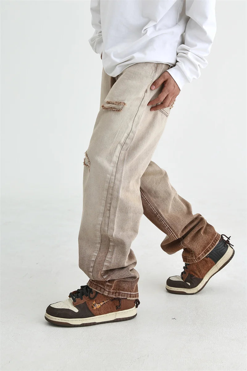 fashion denim jeans mens destoryed holes zipper straight jeans hip hop streetwear spring summer casual joggers jeans men pants unique joggers style 4155