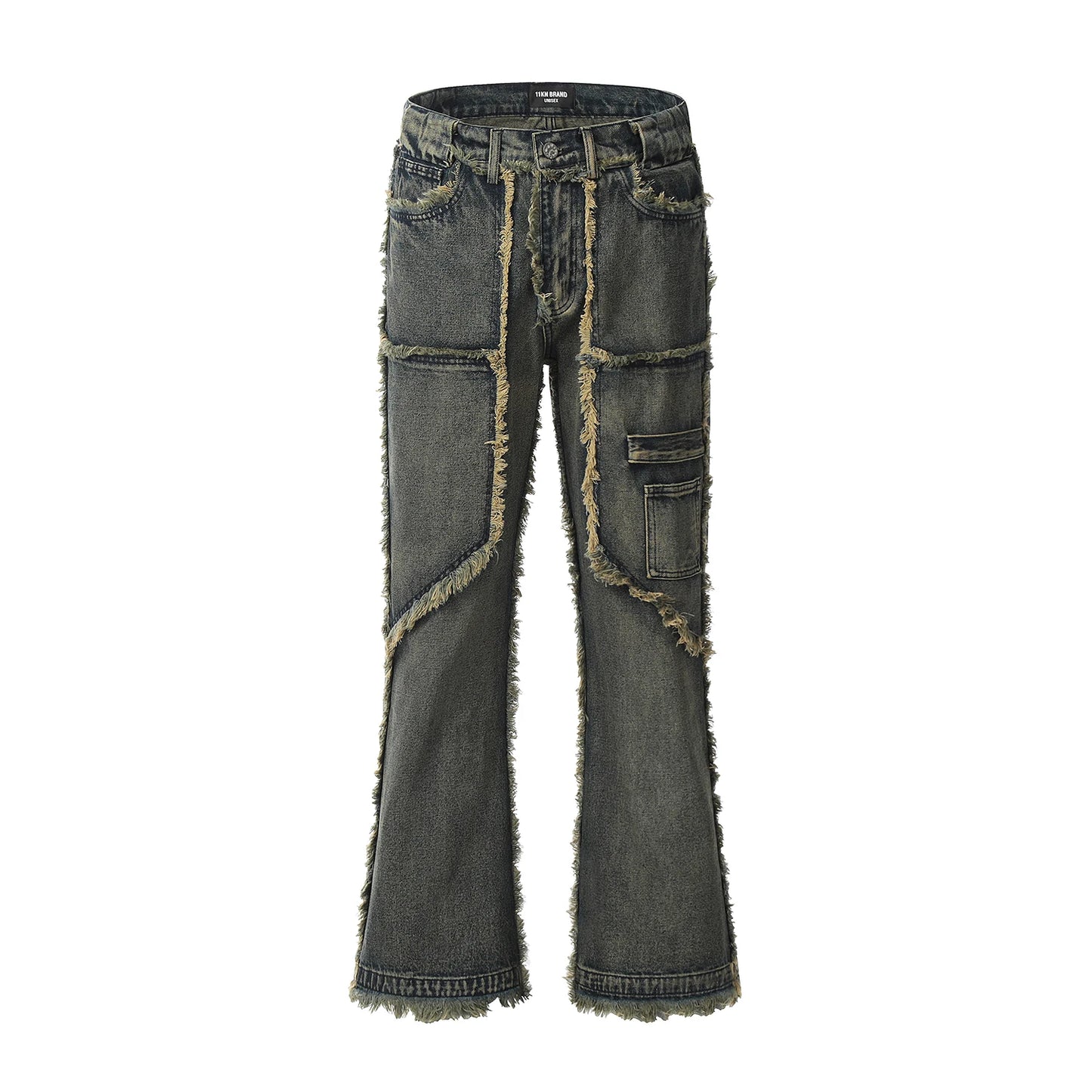 streetwear heavy craft washed distressed faded jeans flare slim straight tassel jeans for men and women raw edge denim pants stacked flare jeans