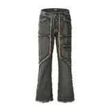 streetwear heavy craft washed distressed faded jeans flare slim straight tassel jeans for men and women raw edge denim pants stacked flare jeans