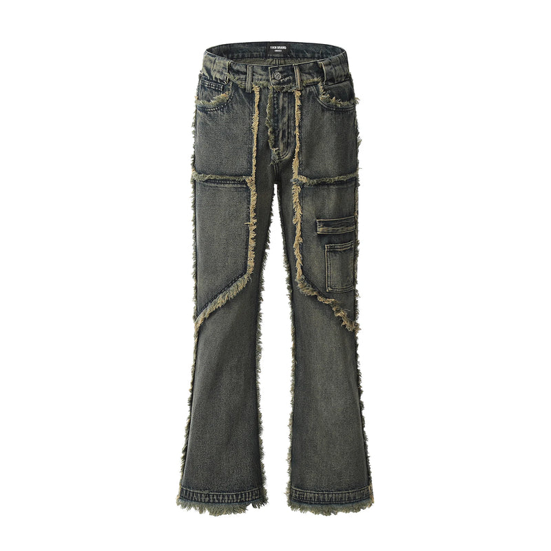 streetwear heavy craft washed distressed faded jeans flare slim straight tassel jeans for men and women raw edge denim pants stacked flare jeans