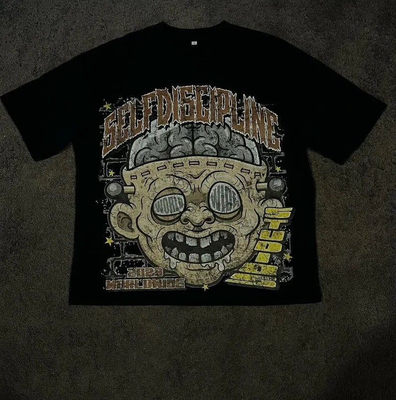 Y2k Street Hip Hop Big Head Grimace Graphic Print Extra Large Men's Retro Gothic Fashion Casual Loose Round Neck Bottoming Top