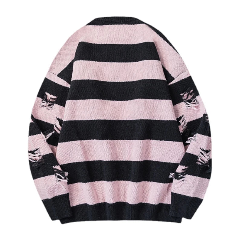hip hop destroyed ripped holes knitted sweater mens casual striped pullover sweater unisex harajuku streetwear new autumn jumper - soft fleece-lined outerwear, urban fashion pullover, oversized streetwear hoodie