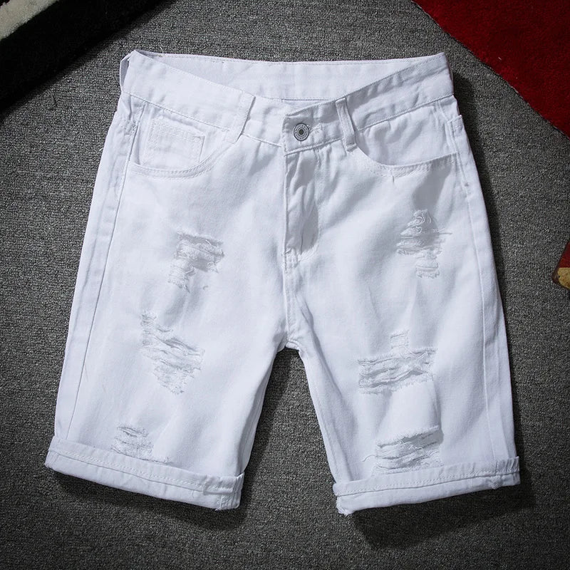 men white denim shorts new summer men holes casual shorts jeans men cotton solid slim fit shorts pants knee length pants unique jeans style 1245