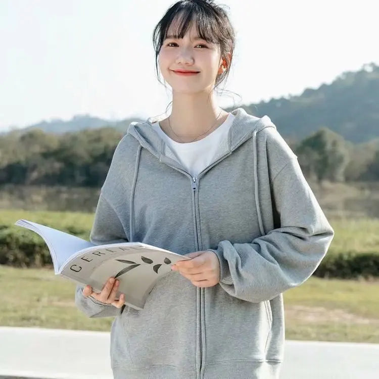 Grey Sweatshirt Hooded Casual Cotton Cardigan Sweatshirts Gray Women C