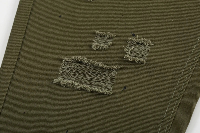 military green cargo jeans pants thin streetwear skinny micro horn ripped jeans hip hop raw edge speckle ink washed slim jeans unique cargo style 3533