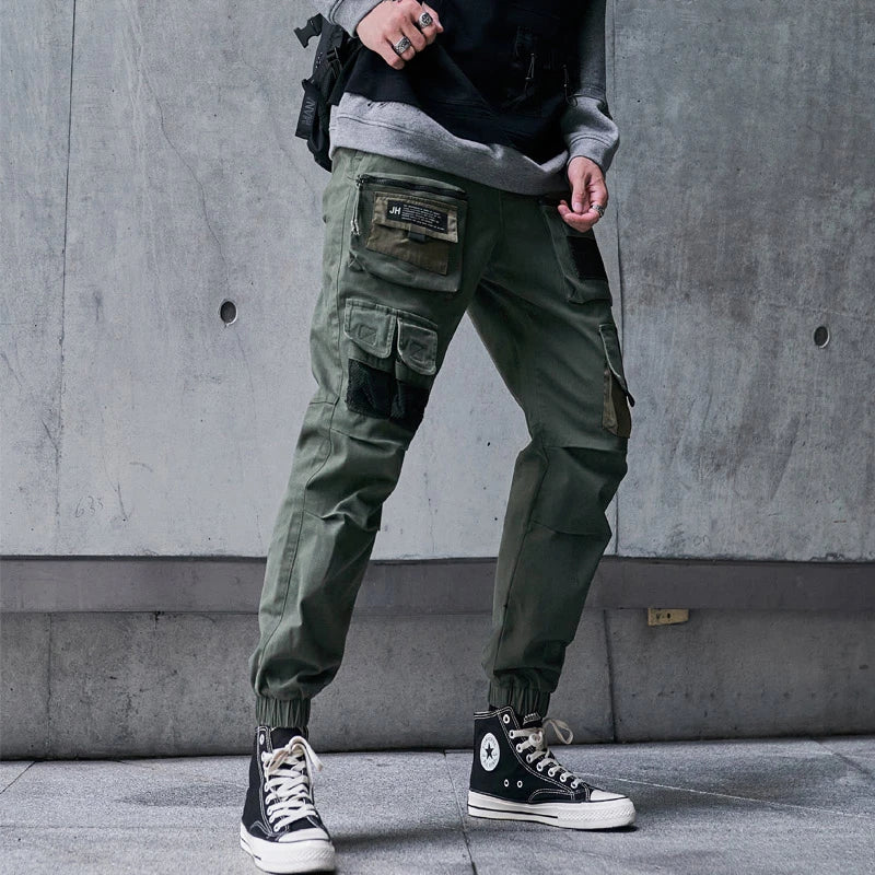 mens cargo pants elastic waist trousers streetwear hip hop loose fit ankle drawstring military pockets sweatpants joggers black casual joggers