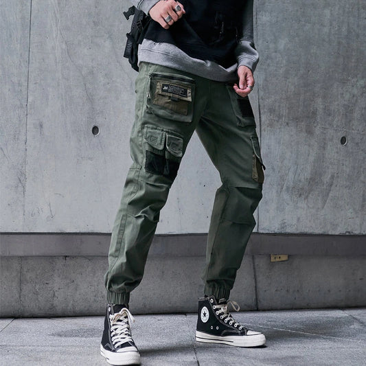 mens cargo pants elastic waist trousers streetwear hip hop loose fit ankle drawstring military pockets sweatpants joggers black casual joggers