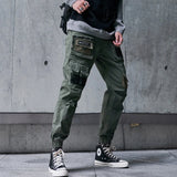 mens cargo pants elastic waist trousers streetwear hip hop loose fit ankle drawstring military pockets sweatpants joggers black casual joggers
