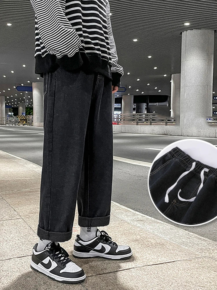 autumn korean fashion drawstring y2k jeans homme classic baggy straight wide leg pants 2025 new hip hop streetwear casual jean unique jeans style 710