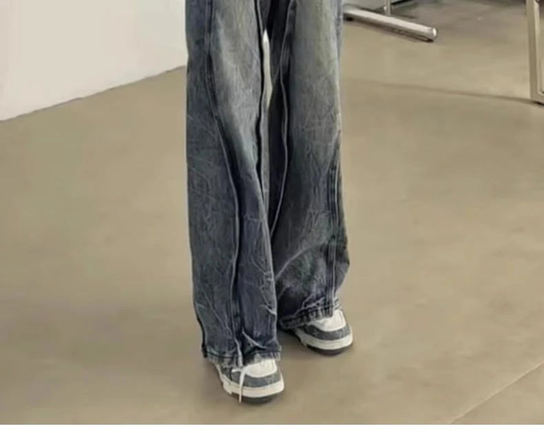 american high street hip hop men and women trendy washed straight leg jeans autumn couple loose micro flared casual pants y2k unique jeans style 52