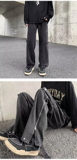2023 cool design side zipper baggy men cargo jeans pants vintage brown straight cotton hip hop long trousers pantalones hombre unique cargo style 5837