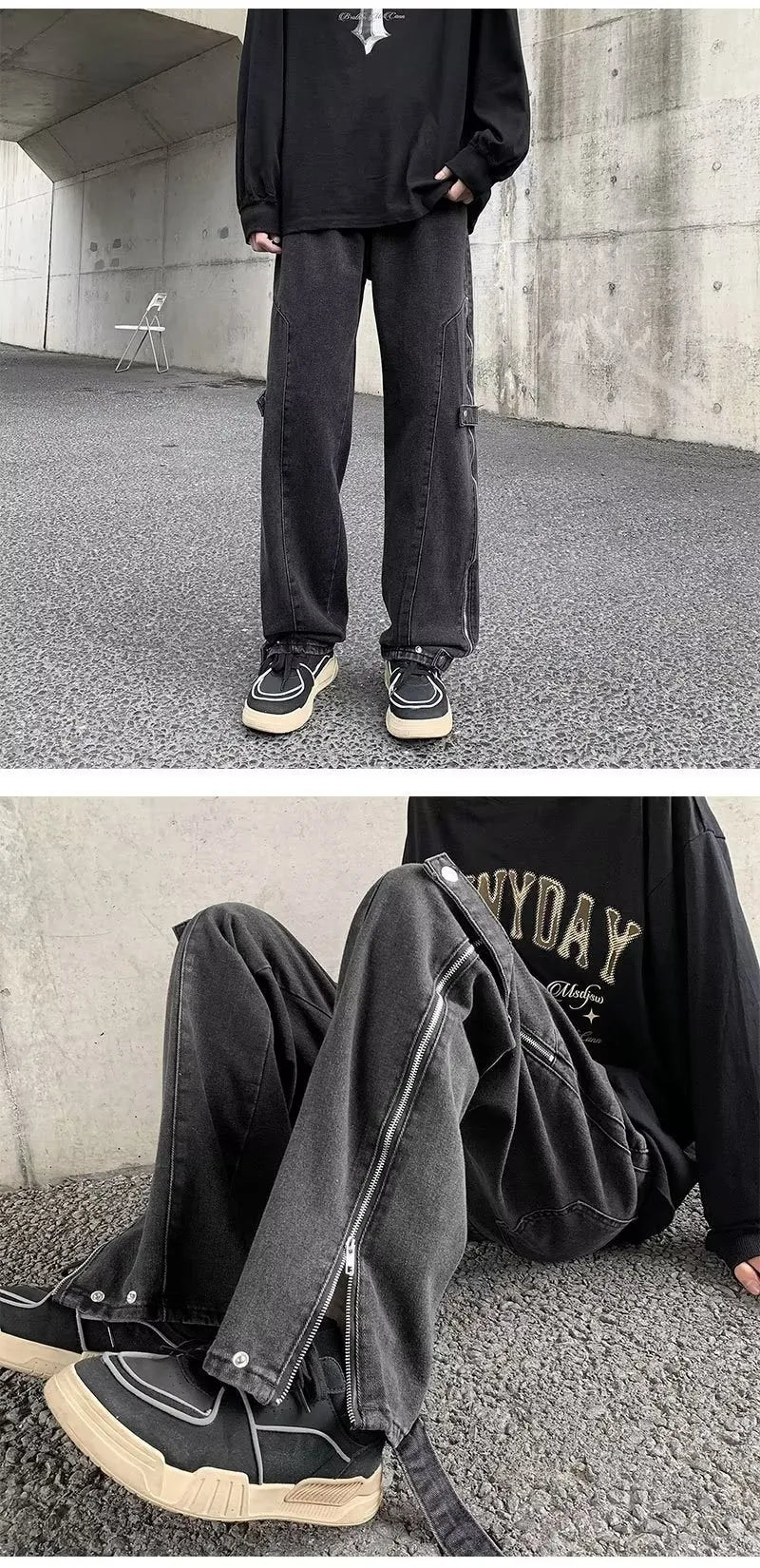 2023 cool design side zipper baggy men cargo jeans pants vintage brown straight cotton hip hop long trousers pantalones hombre unique cargo style 5837