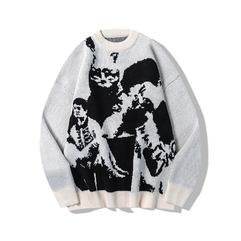 hip hop punk knitted oversized sweater mens autumn winter o neck long sleeve pullover streetwear unisex loose sweaters clothing - anime inspired graphic hoodie, bold artwork streetwear hoodie, gothic aesthetic hoodie for winter