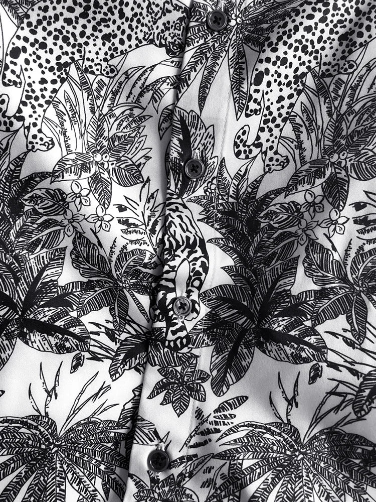 New 2021 luxury Men Classic Sketch jungle Leopard Fashion 50% Silk Casual Shirts Shirt high quality Pocket Short sleeves #A47