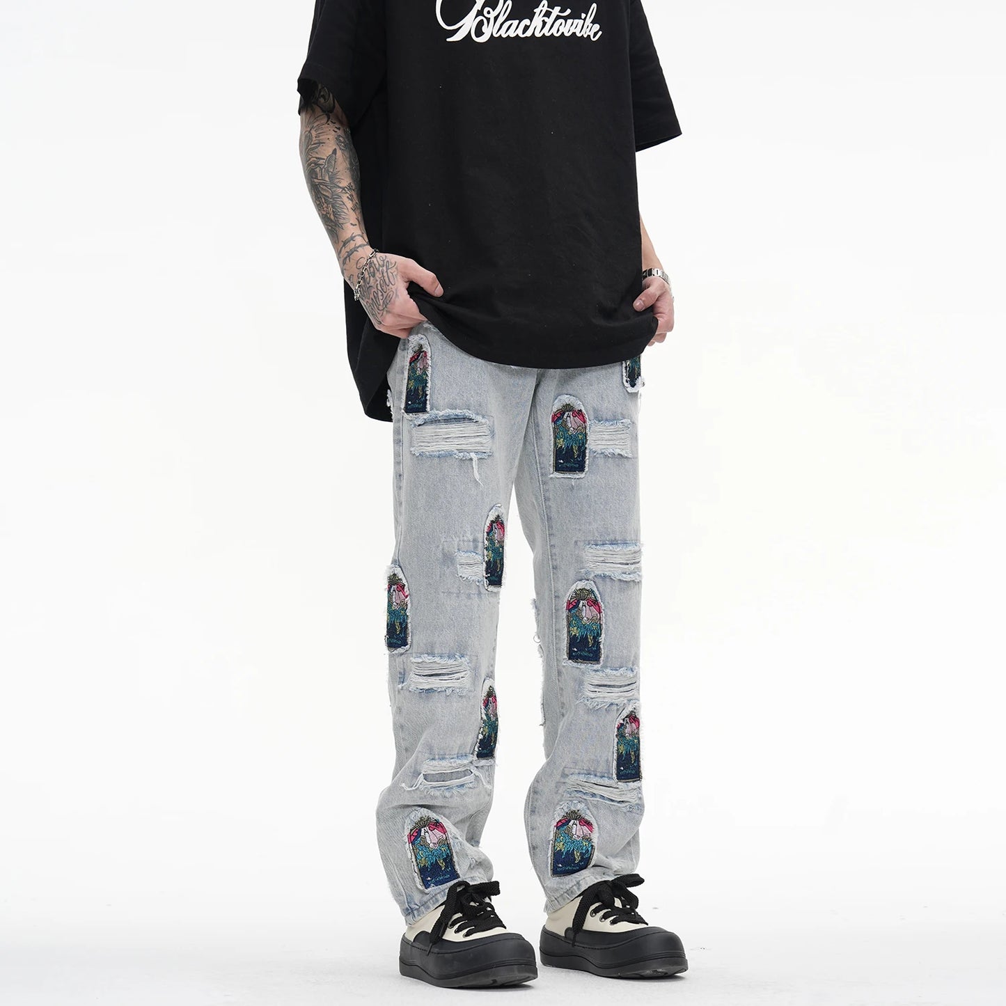 retro patch embroidered pleated jean for men street wear washed destroyed straight patchwork ripped jeans pants baggy hip hop stacked flare jeans