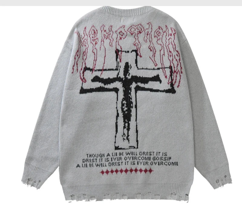 vintage sweaters y2k grunge streetwear hip hop ripped hole knitted cross punk gothic jumpers fashion harajuku casual pullover trendy hip hop style outerwear, streetwear fashion hoodie, unique limited edition hoodie