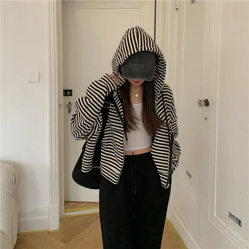 Autumn And Winter New Korean Style Ins Casual Sports Style Striped Hoo