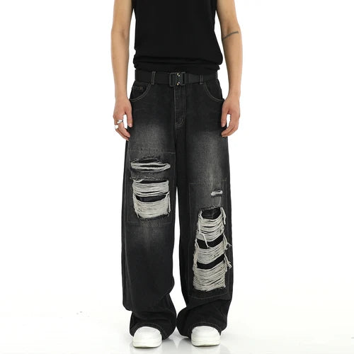 fashion ripped holes denim jeans harajuku patchwork straight jean trousers y2k trouser mens hip hop streetwear baggy jeans pants unique jeans style 4593