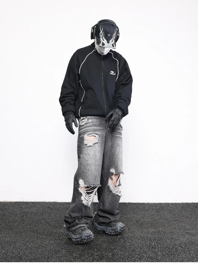 knee destroy big holes high street pants mens casual harajuku zipper straight trousers hip hop fashion streetwear baggy joggers unique joggers style 2917