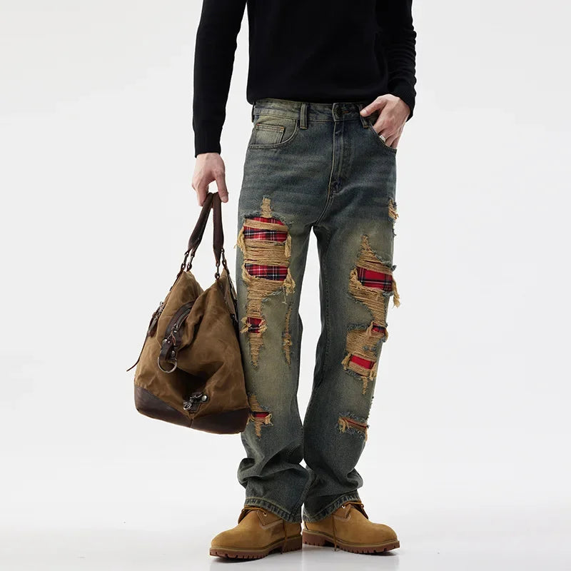 men broken hole patch loose casual plus size straight ripped denim pants jeans man streetwear fashion baggy jeans trousers unique jeans style 3153
