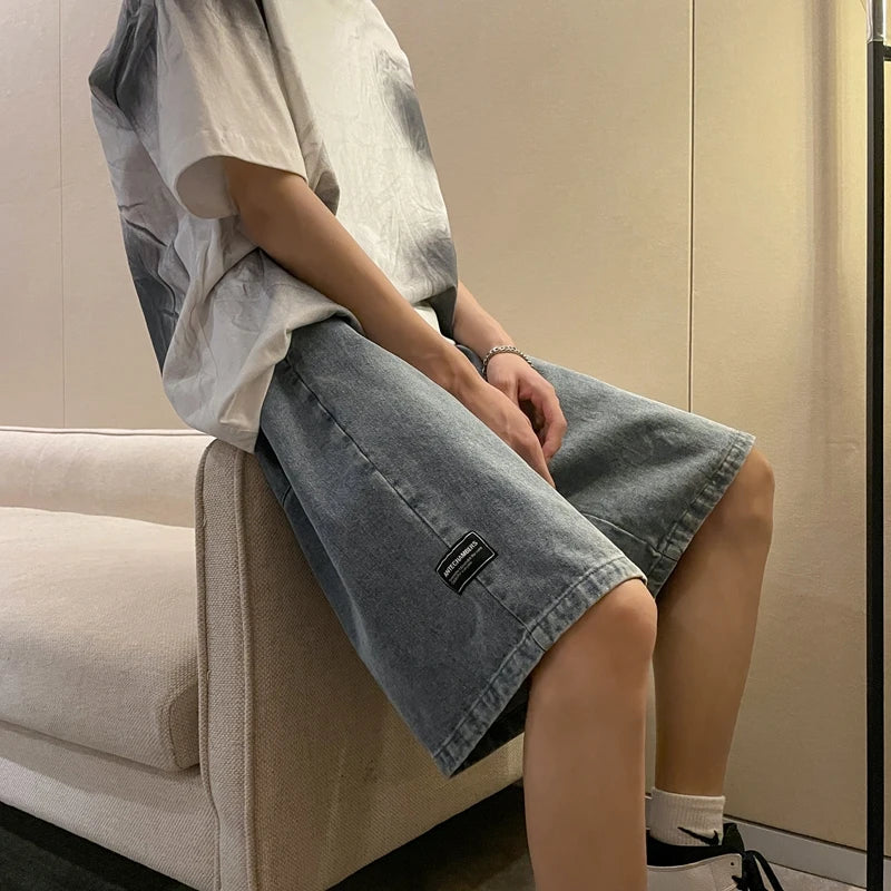 Korean Style Summer Men's Black Wide Leg Denim Shorts 2023 New Fashion Casual Baggy Short Jeans Male Brand Clothes