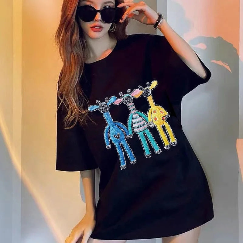 Gothic Aesthetic print tee – New Luxury Sweet Girl Giraffe Diamonds Crystals T Shirts Kor