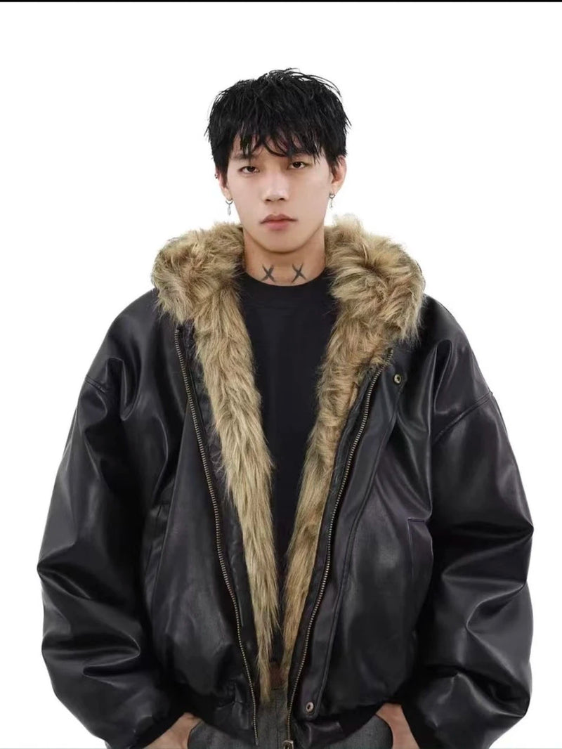 Integrated Fur Leather Men Cotton Jackets Thickened American High Street Motorcycle PU Leather Parkas Winter Couple Punk Outwear