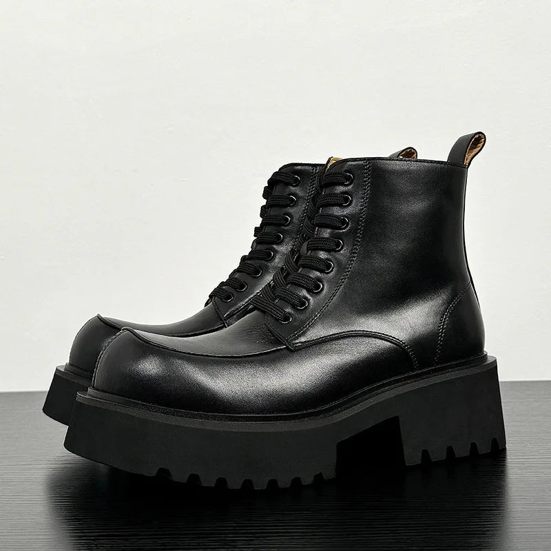 Men's Genuine Leather High Sole Platform Streetwear Fashion Casual Increase Boots Male Punk Gothic Rock Motorcycle Boots Shoes