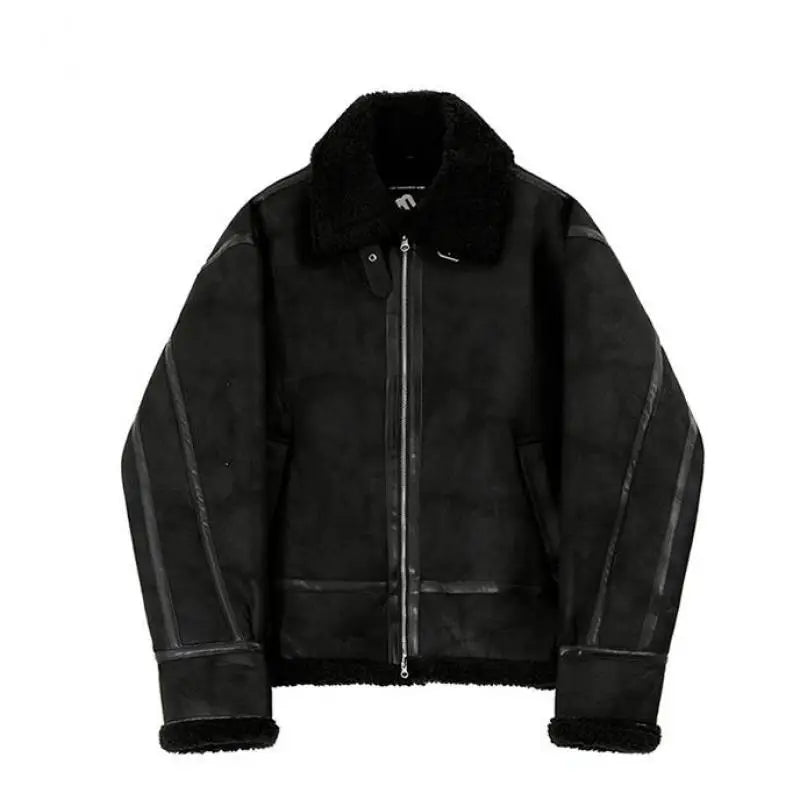 Winter Fur One-piece Cotton-padded Coat Men's Winter Korean-style Loose Suede Deer Leather Lambskin Motorcycle Leather Jacket