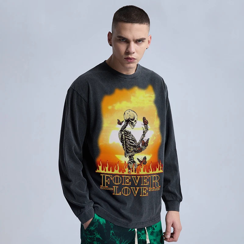 Rainbowtouches Men's Sweatshirts Hip Hop Comfortable Popular Pattern Vintage Street Wear Black Skulls Printing Long Shirts