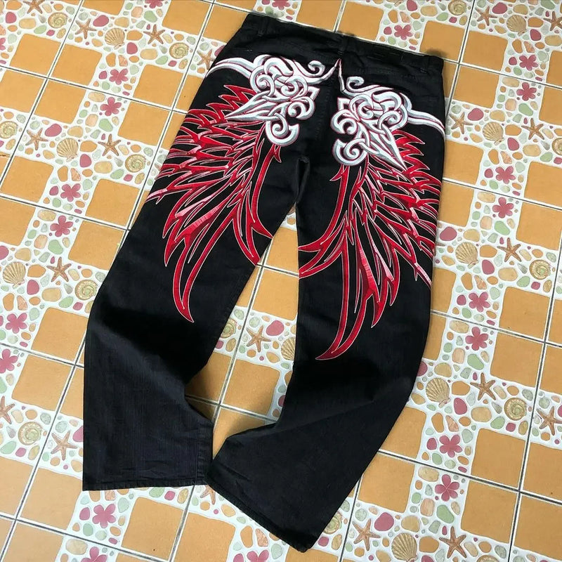 Harajuku Fashion Retro Women Y2K Washed Grey Streetwear Gothic Wide Trousers Graphic Print Straight High Waist Baggy Jeans