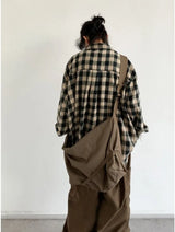 japanese college mens sets rough edge embroidery plaid shirt jackets big pocket retro cargo pants 2 pcs 2024 new casual suits unique cargo style 4441