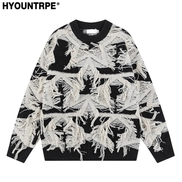 fashion stars tassel knitted sweater pullovers men fashion long sleeve loose sweater unisex autumn winter cotton jumper knitwear - Y2K grunge street style, unisex casual winter pullover, 2025 streetwear drop