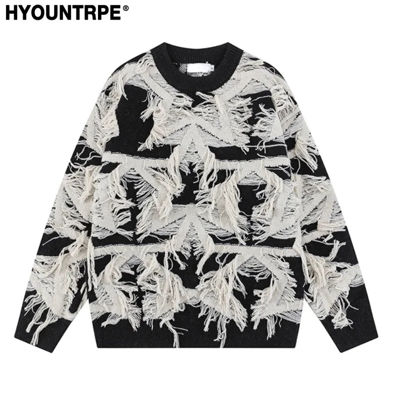 fashion stars tassel knitted sweater pullovers men fashion long sleeve loose sweater unisex autumn winter cotton jumper knitwear - Y2K grunge street style, unisex casual winter pullover, 2025 streetwear drop