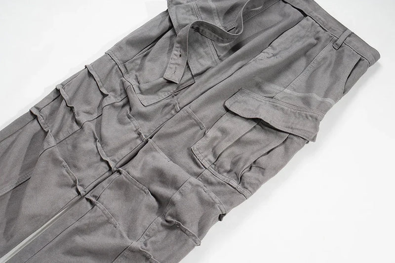 streetwear big pockets sashes pleated baggy jeans for men and women washed straight casual cargo pants oversize denim trousers unique cargo style 147