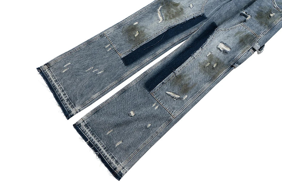 men blue ripped baggy jeans dirty printed distressed loose denim pants male luxury designer fashion jeans trousers unique jeans style 1364