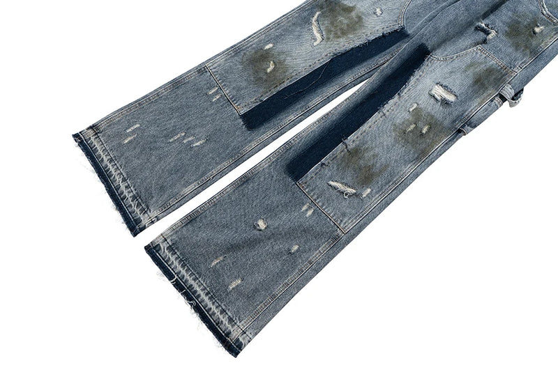 men blue ripped baggy jeans dirty printed distressed loose denim pants male luxury designer fashion jeans trousers unique jeans style 1364