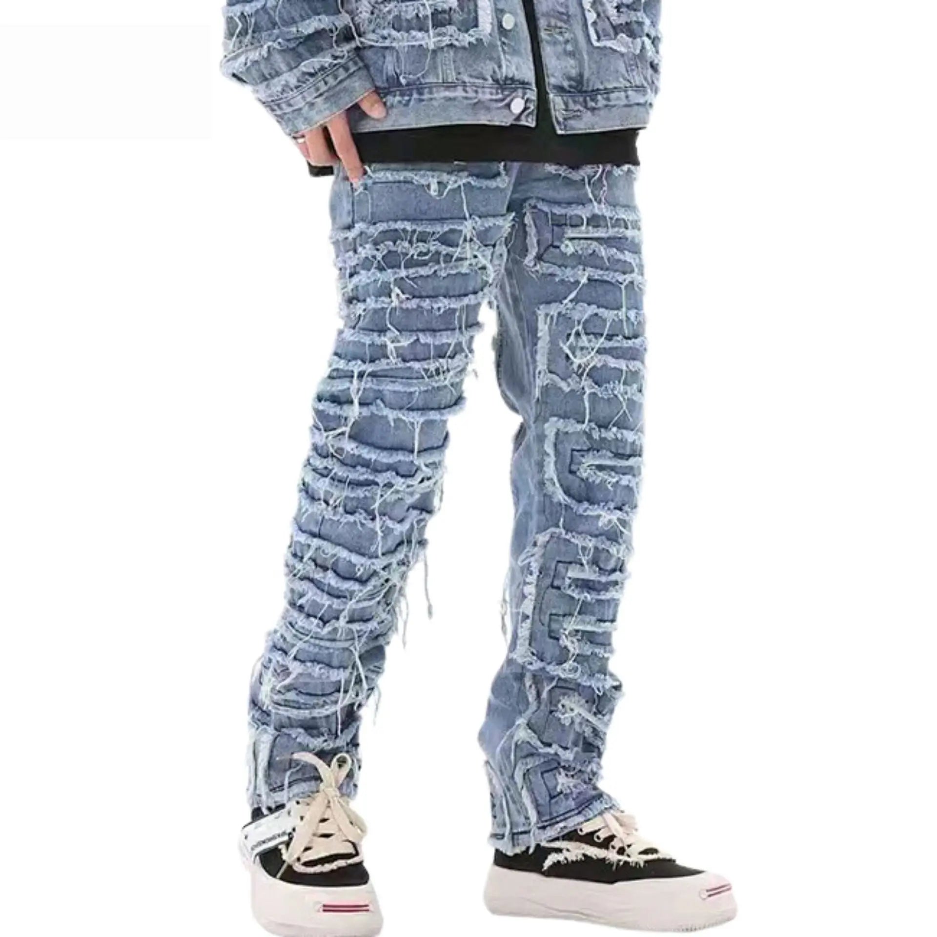 tassel hole spliced european and american straight leg denim pants new popular patch jeans mens wear unique jeans style 191