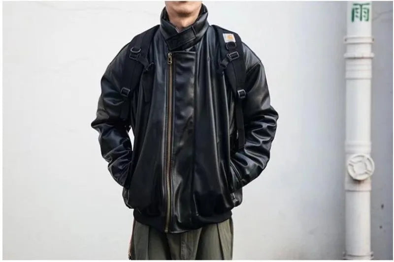 japanese street motorcycle set men thickened stand collar hip hop leather jacket harajuku casual pants 2 pcs bomber suit 2023 unique default style 4903