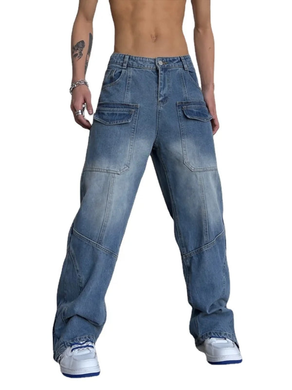 fashion straight denim jean pants unisex casual bottom button open pants high street cargo trousers hip hop zipper joggers men sporty tapered joggers