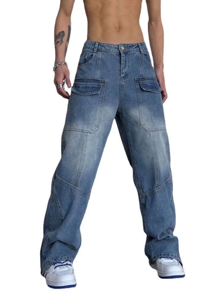 fashion straight denim jean pants unisex casual bottom button open pants high street cargo trousers hip hop zipper joggers men sporty tapered joggers